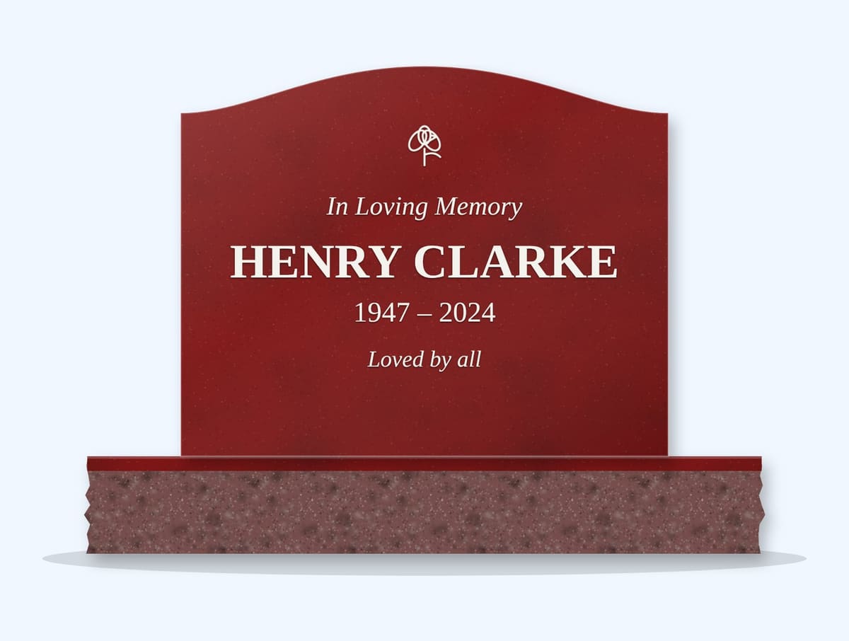 Indian Red serpentine headstone on a granite base, engraved for Henry Clarke