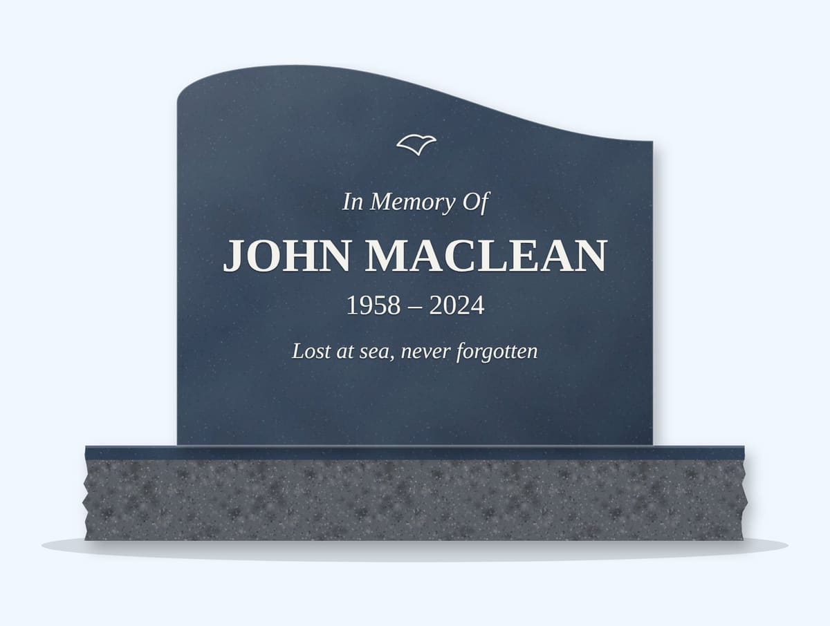 Bahamas Blue left wave headstone on a granite base, engraved for John MacLean