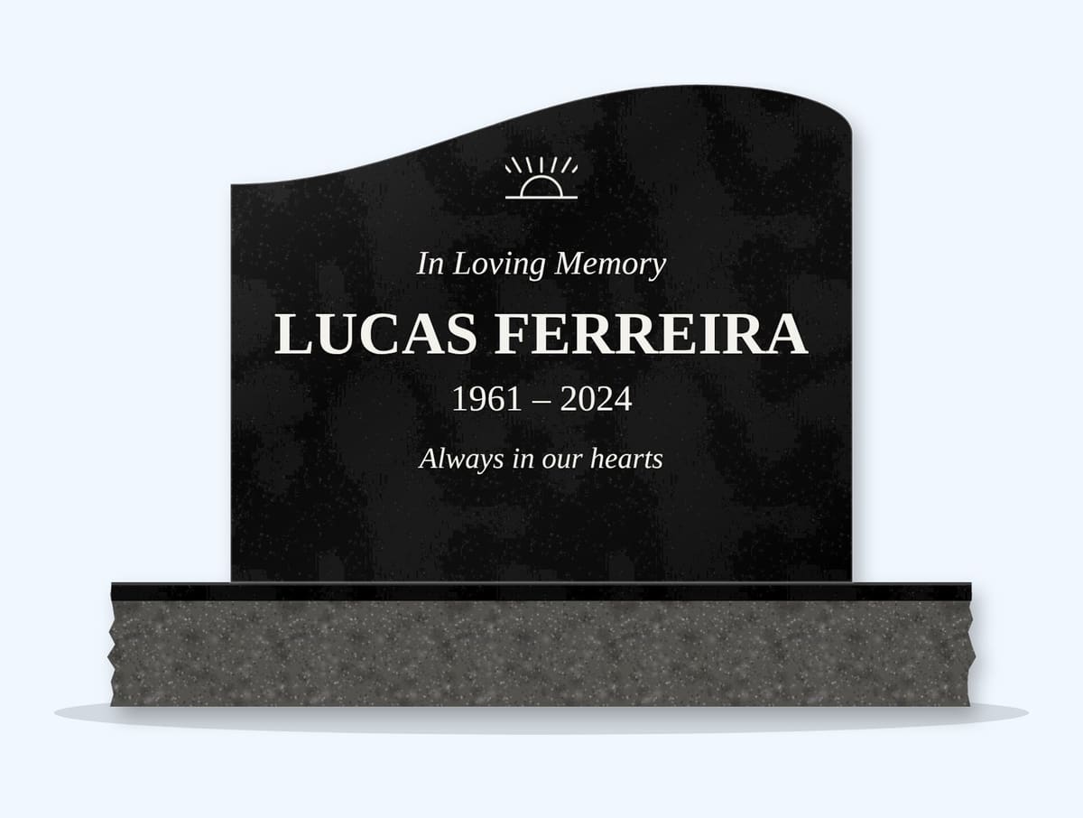 Absolute Black right wave headstone on a granite base, engraved for Lucas Ferreira