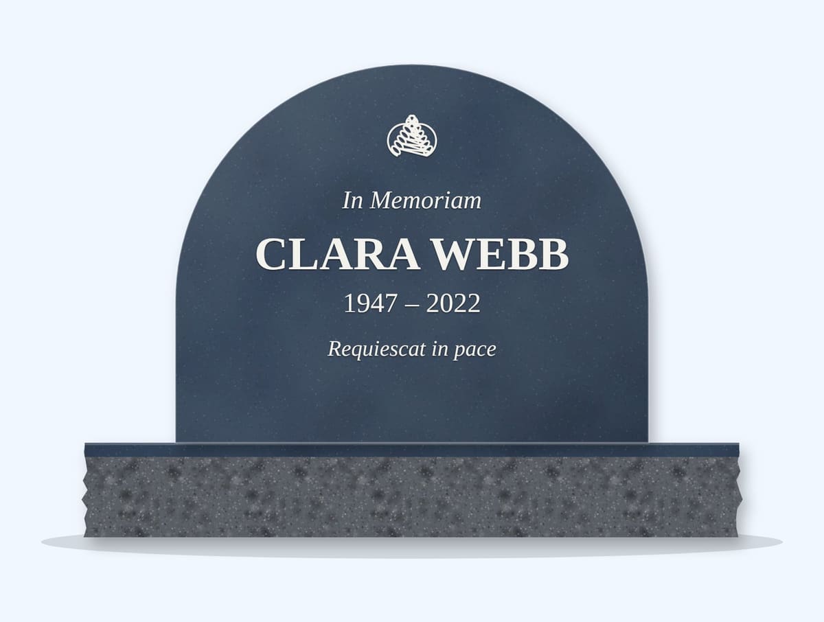 Bahamas Blue half round headstone on a granite base, engraved for Clara Webb