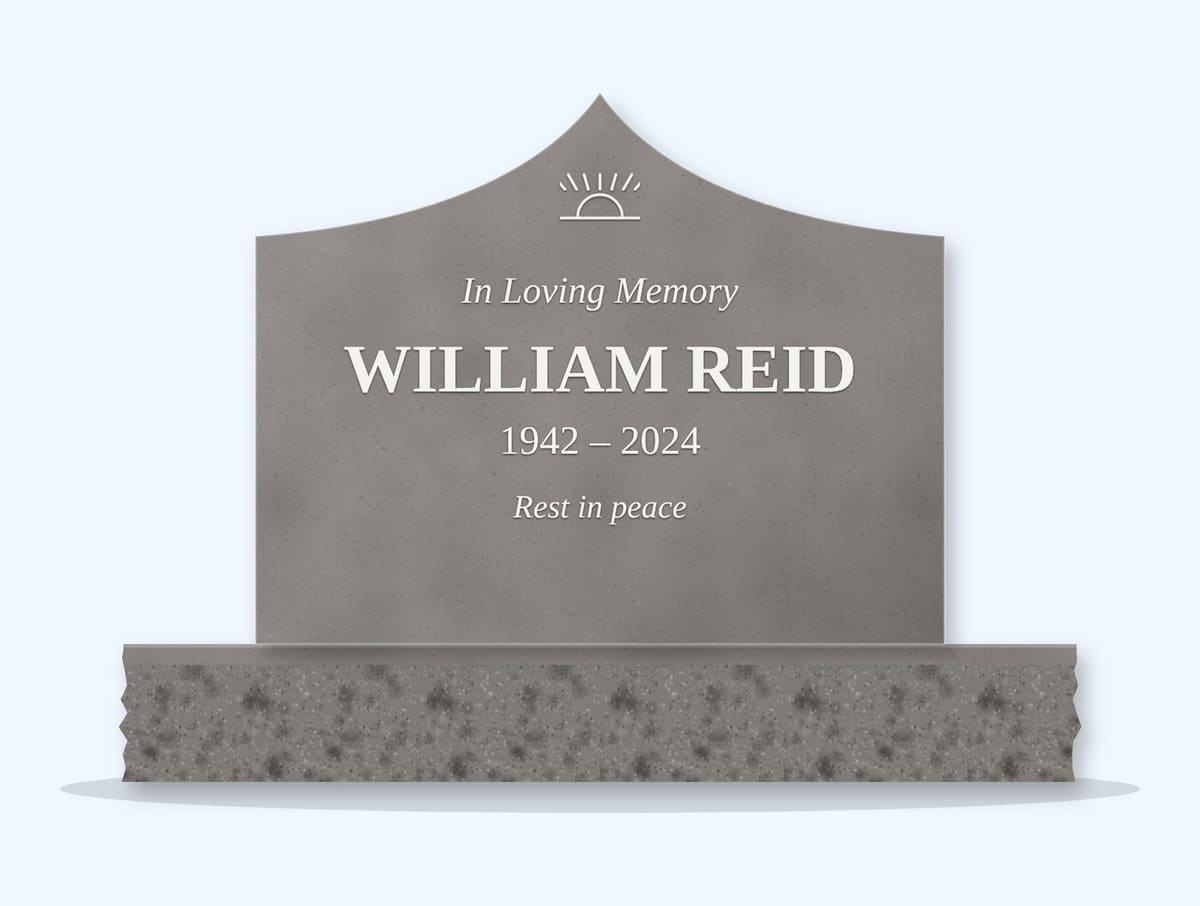 Indian Grey curved gable headstone on a granite base, engraved for William Reid