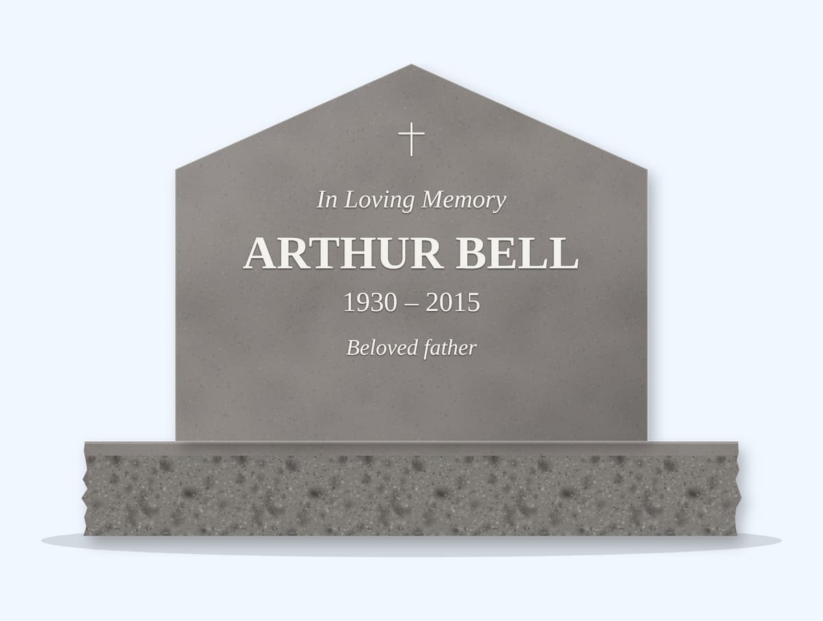 Indian Grey gable headstone on a granite base, engraved for Arthur Bell
