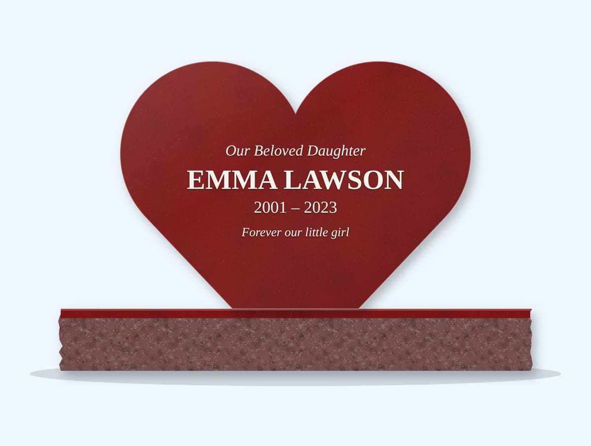 Indian Red heart headstone on a granite base, engraved for Emma Lawson
