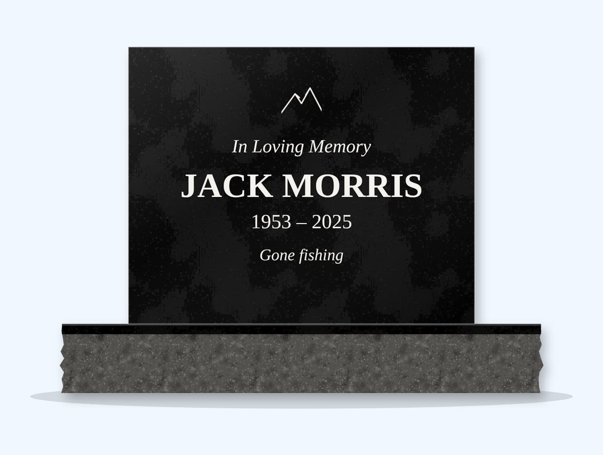 Absolute Black square headstone on a granite base, engraved for Jack Morris