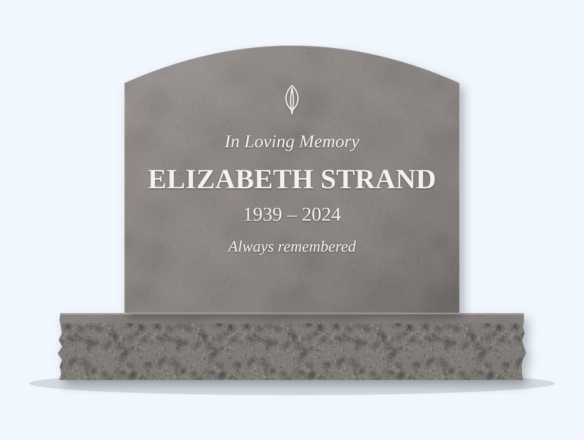 Indian Grey curved top headstone on a granite base, engraved for Elizabeth Strand