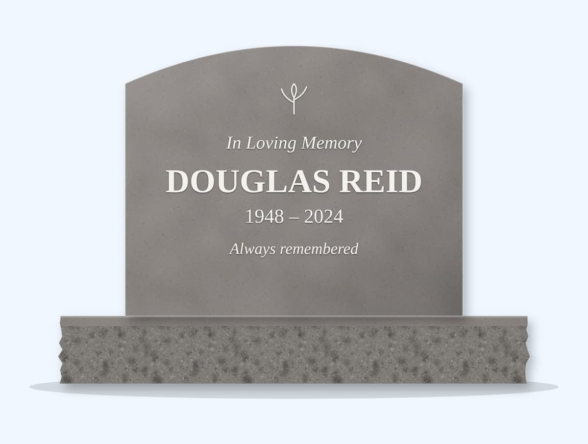 Indian Grey curved top headstone on a granite base, engraved for Douglas Reid
