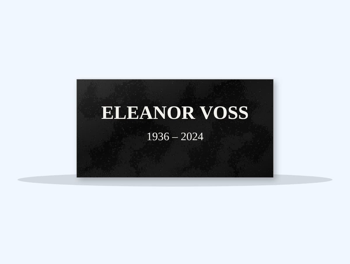 Absolute Black flat grave marker engraved for Eleanor Voss