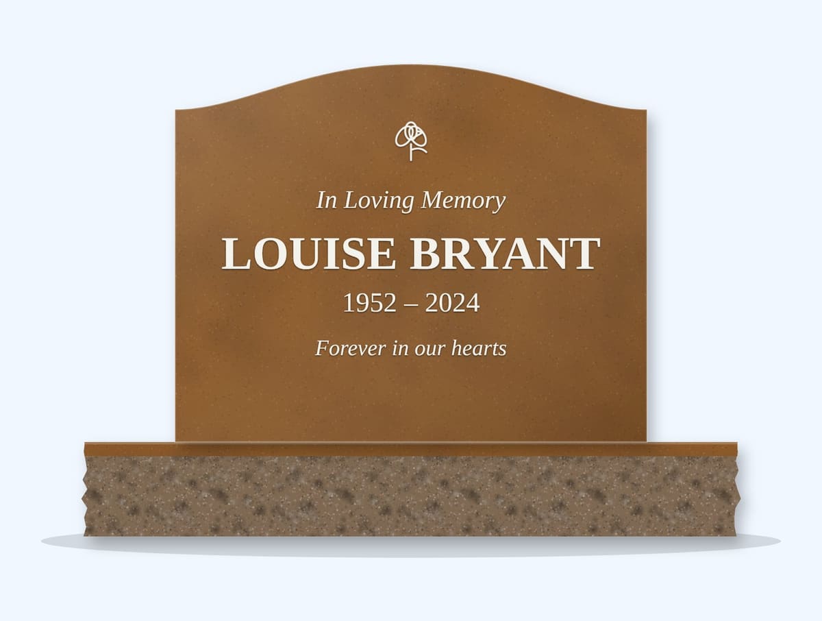 Tan Brown serpentine headstone on a granite base, engraved for Louise Bryant