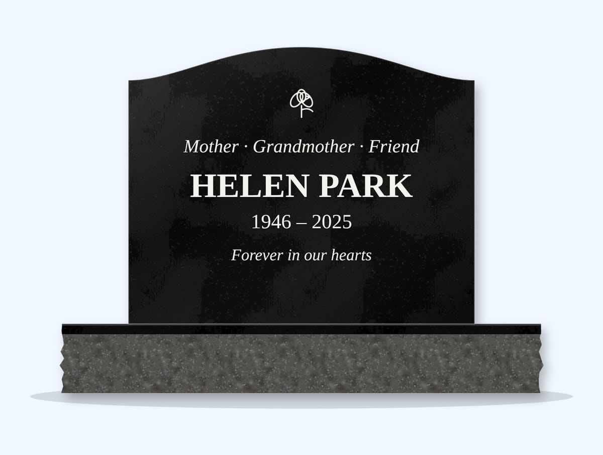 Absolute Black serpentine headstone on a granite base, engraved for Helen Park