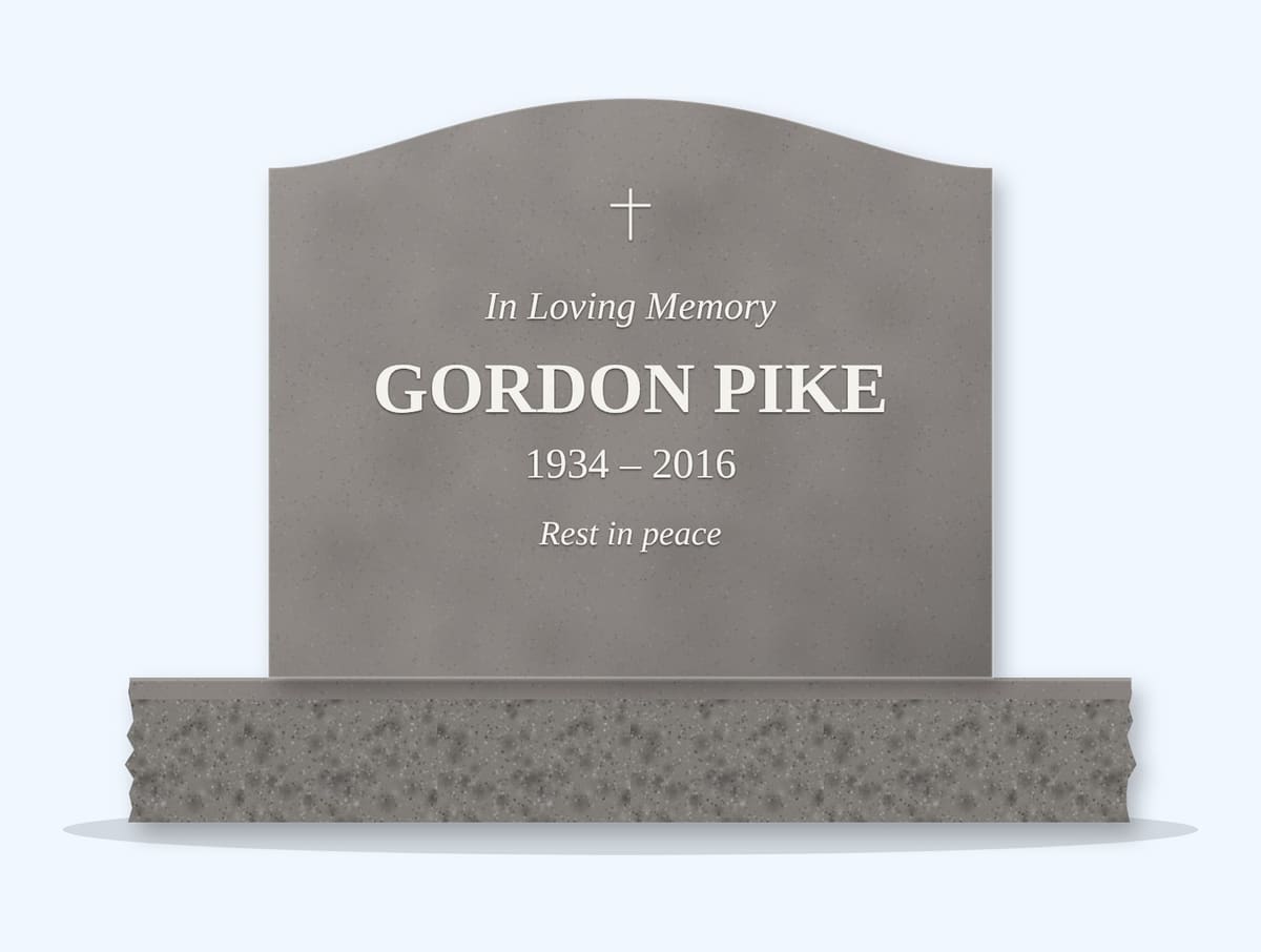 Indian Grey serpentine headstone on a granite base, engraved for Gordon Pike