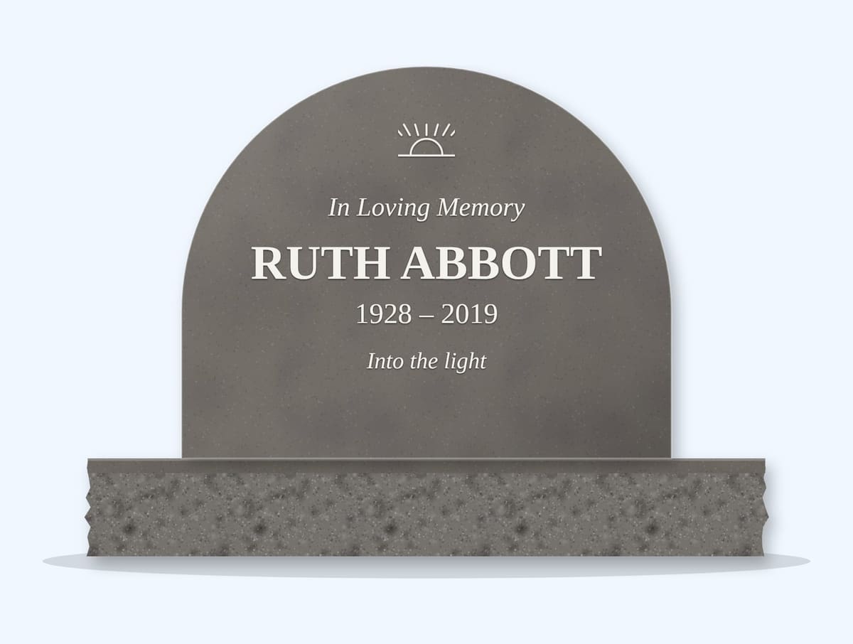Steel Grey half round headstone on a granite base, engraved for Ruth Abbott