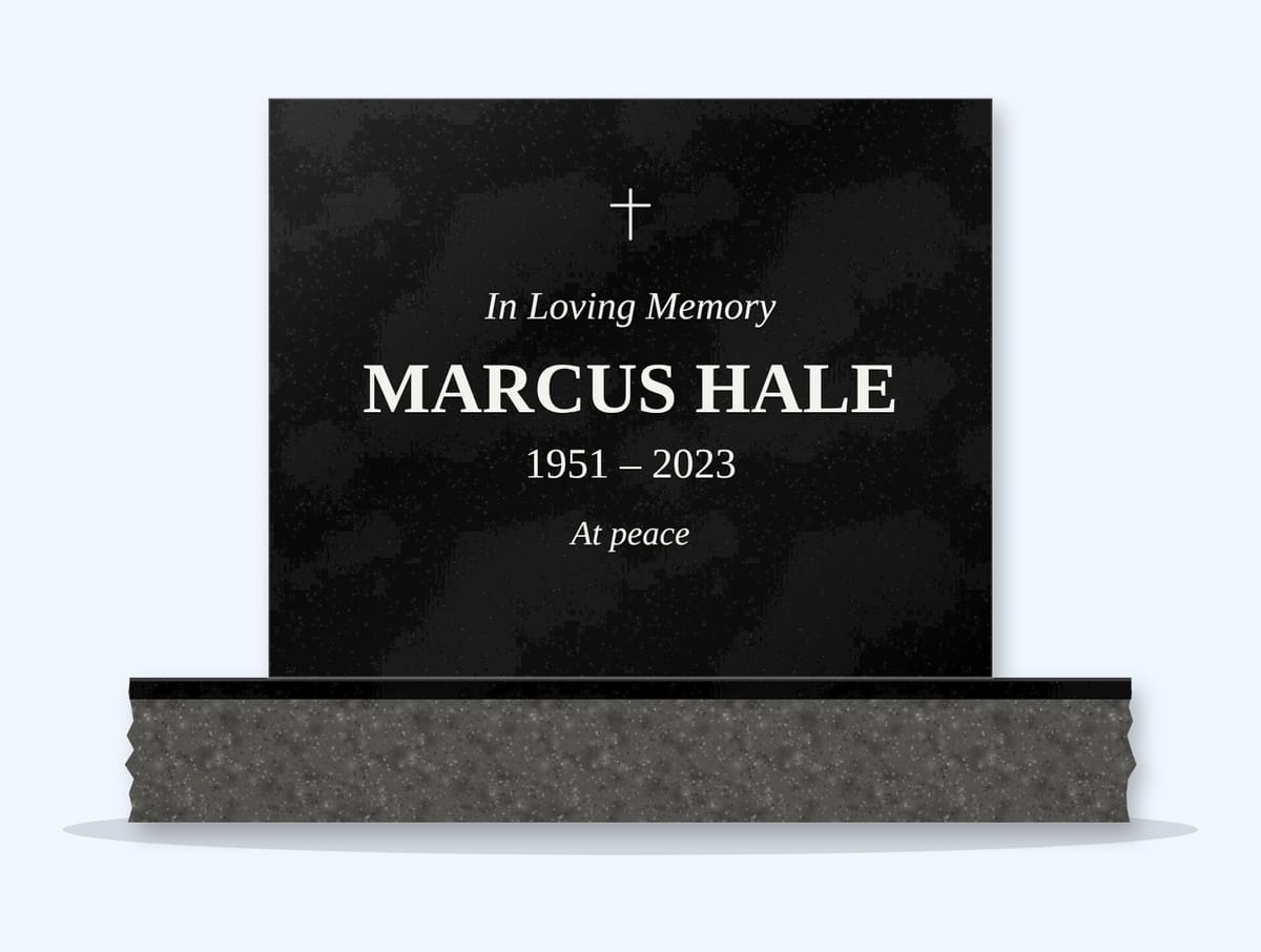 Absolute Black square headstone on a granite base, engraved for Marcus Hale