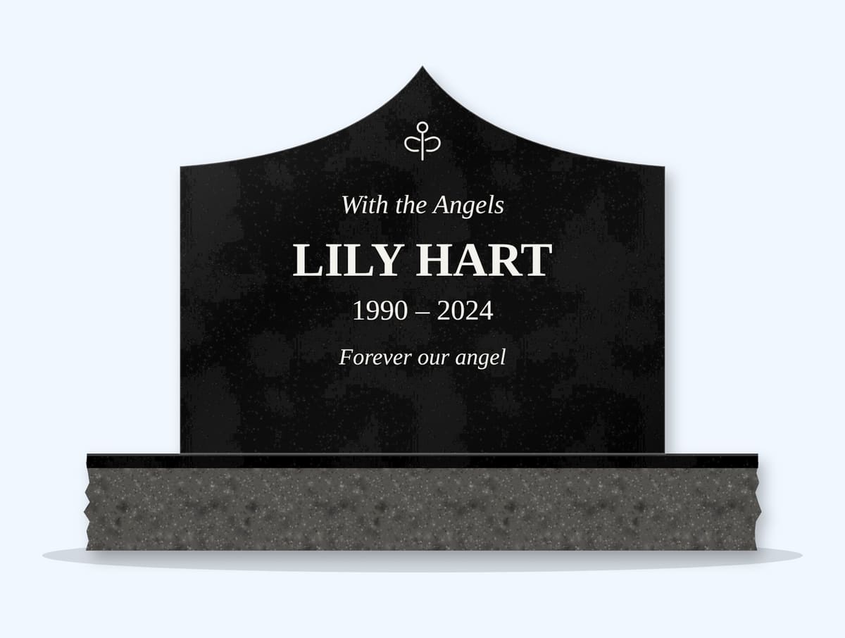 Absolute Black curved gable headstone on a granite base, engraved for Lily Hart
