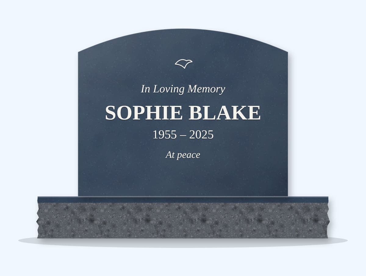 Bahamas Blue curved top headstone on a granite base, engraved for Sophie Blake