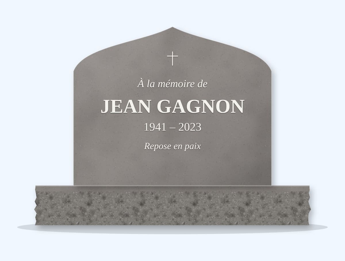 Indian Grey curved peak headstone on a granite base, engraved for Jean Gagnon