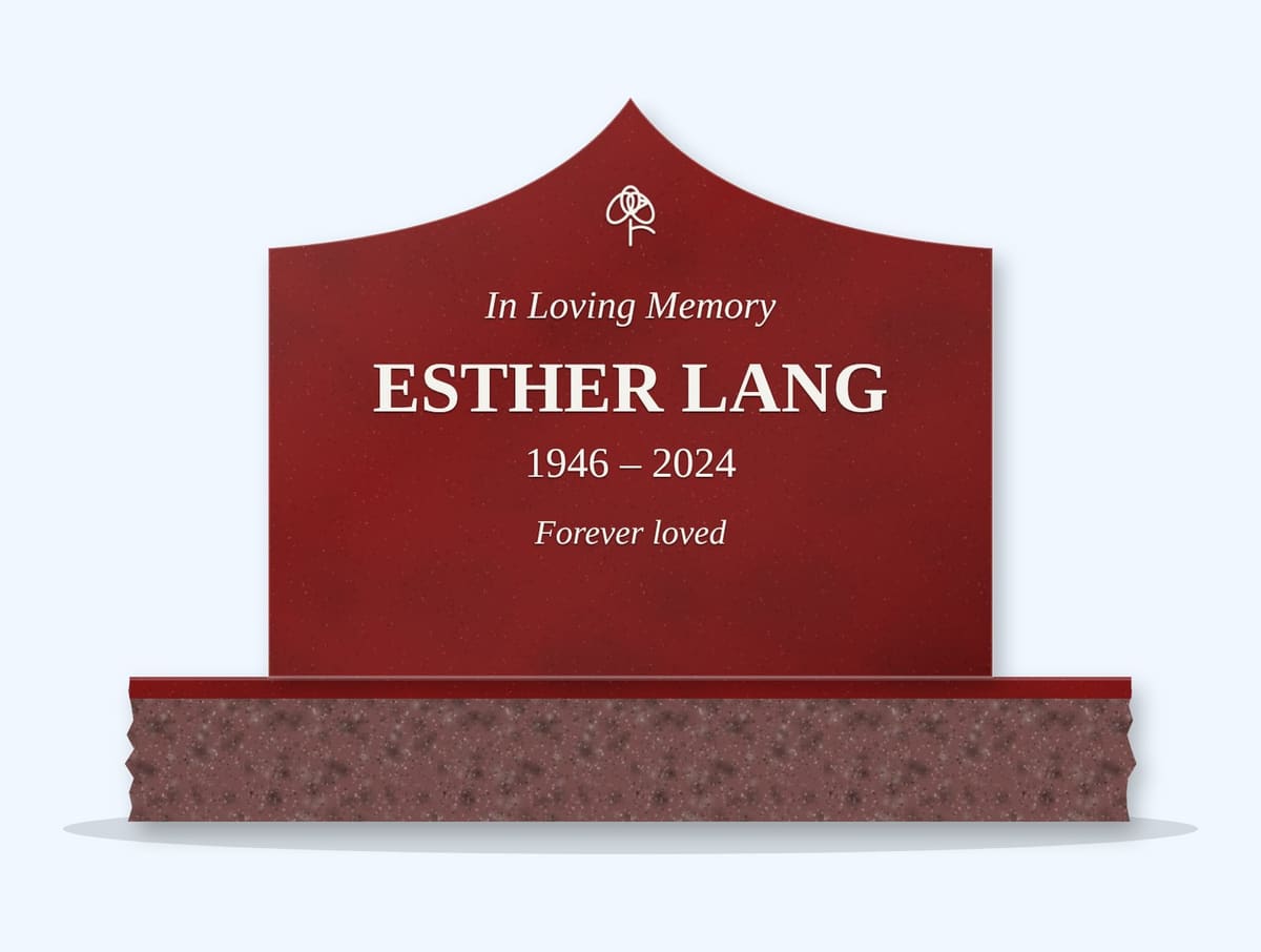 Indian Red curved gable headstone on a granite base, engraved for Esther Lang
