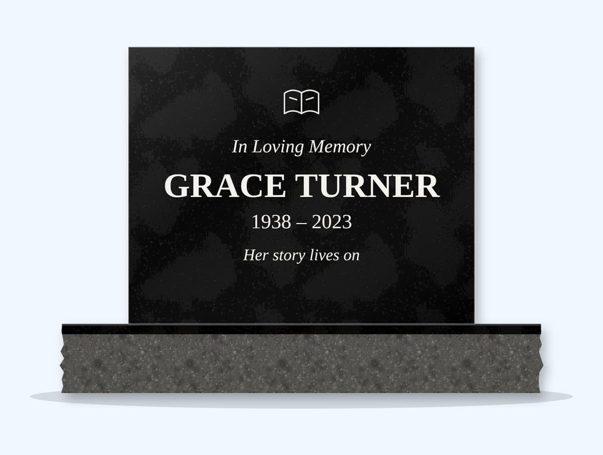 Absolute Black square headstone on a granite base, engraved for Grace Turner