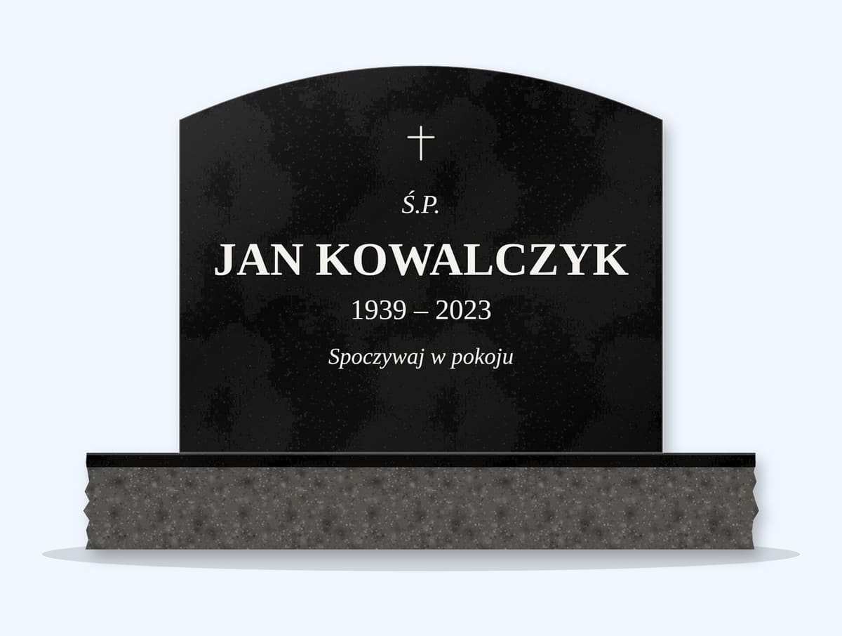 Absolute Black curved top headstone on a granite base, engraved for Jan Kowalczyk