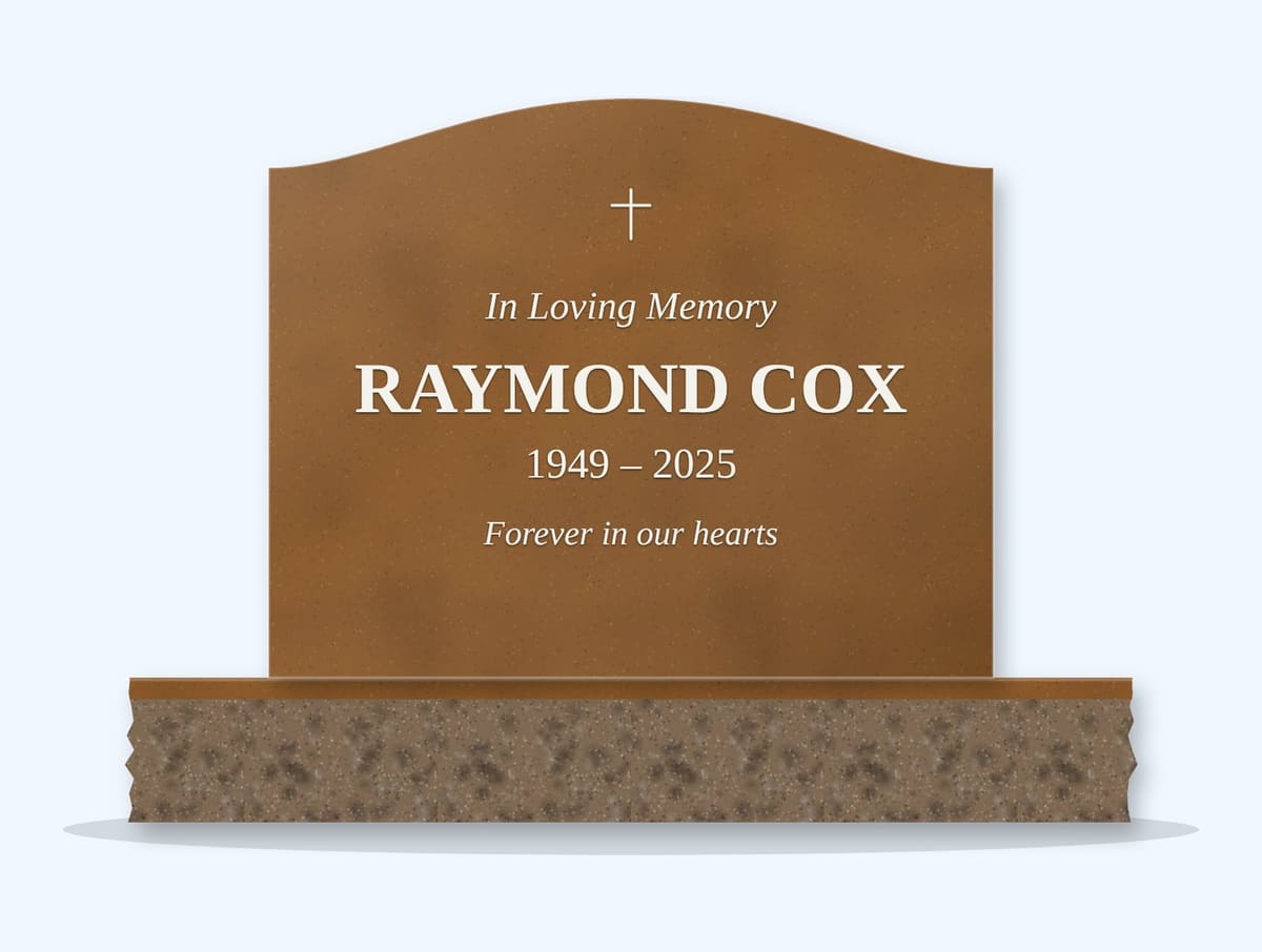 Tan Brown serpentine headstone on a granite base, engraved for Raymond Cox