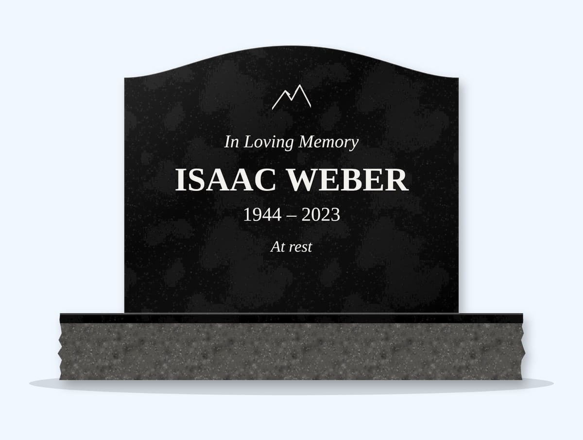 Absolute Black serpentine headstone on a granite base, engraved for Isaac Weber