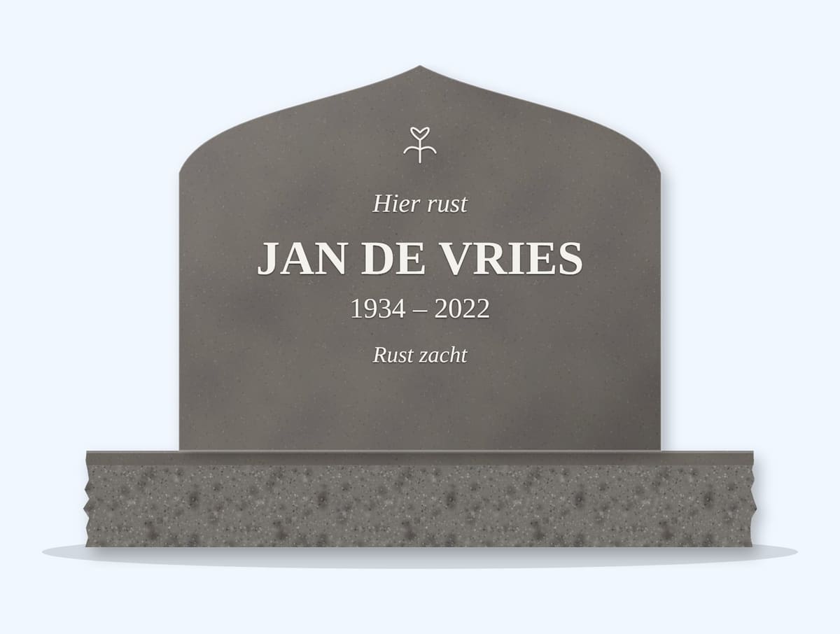 Steel Grey curved peak headstone on a granite base, engraved for Jan de Vries