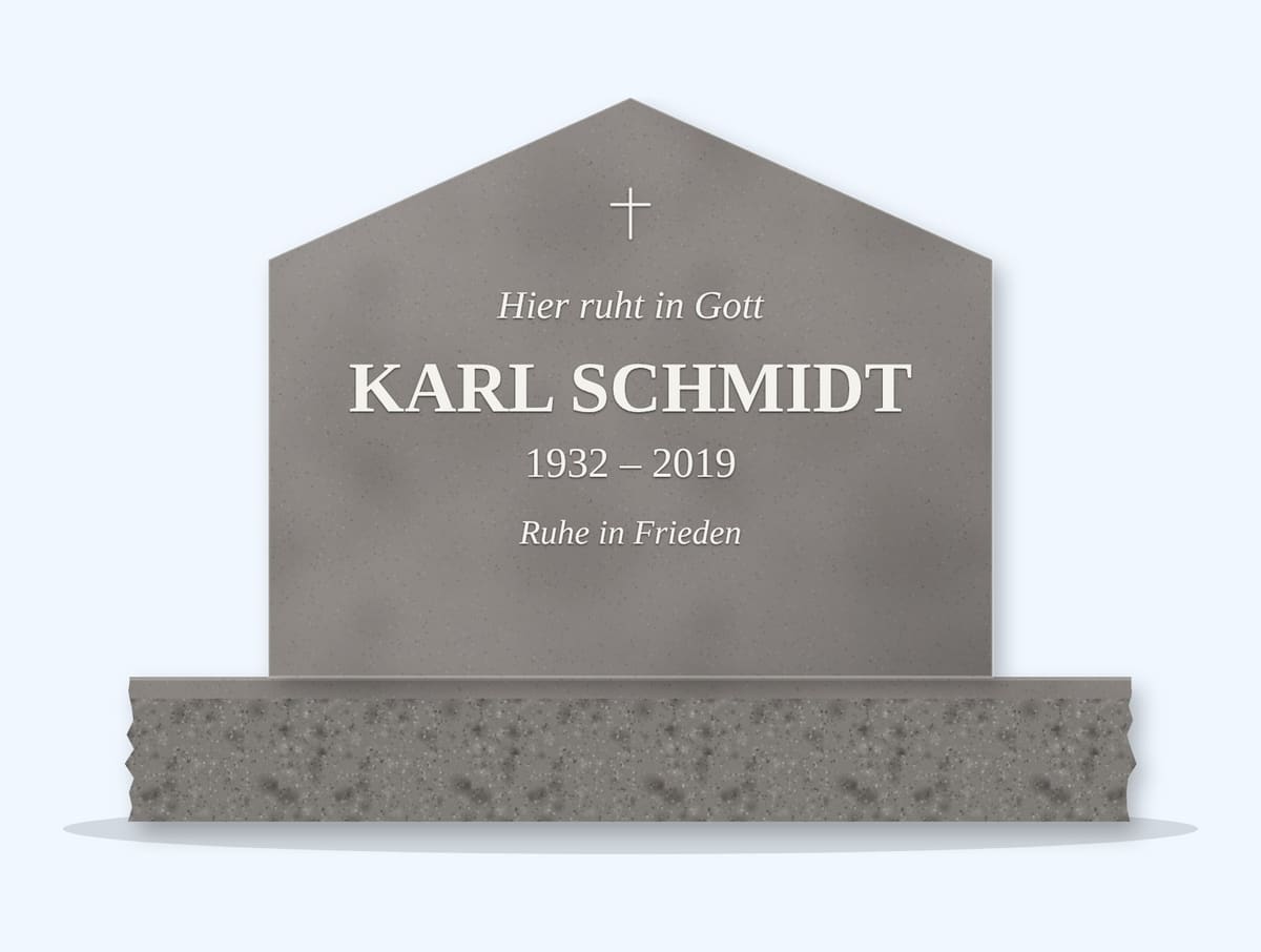 Indian Grey gable headstone on a granite base, engraved for Karl Schmidt