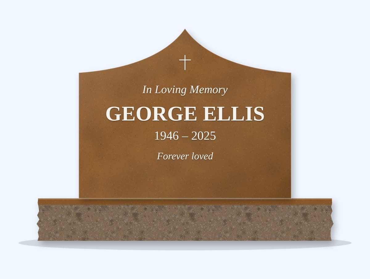 Tan Brown curved gable headstone on a granite base, engraved for George Ellis
