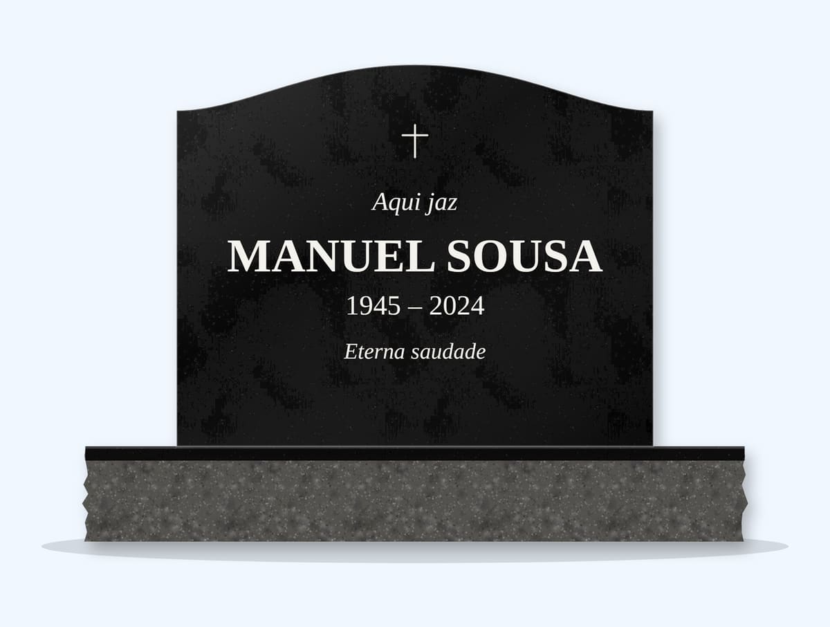 Absolute Black serpentine headstone on a granite base, engraved for Manuel Sousa