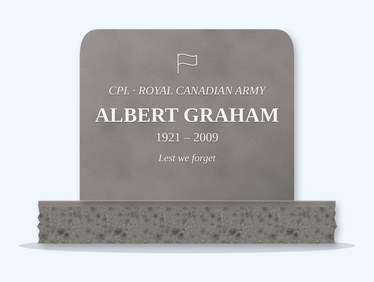 Indian Grey rounded top headstone on a granite base, engraved for Albert Graham