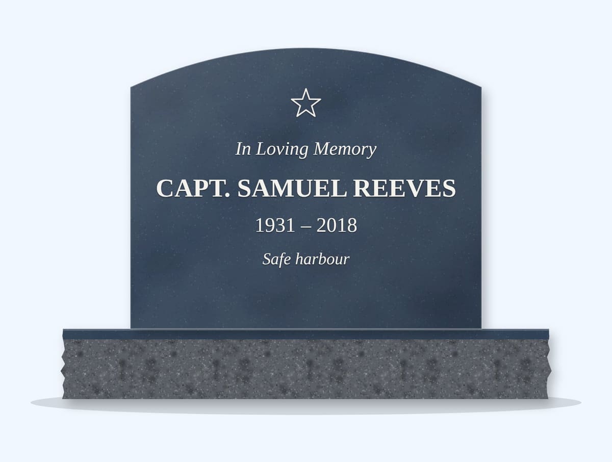 Bahamas Blue curved top headstone on a granite base, engraved for Samuel Reeves