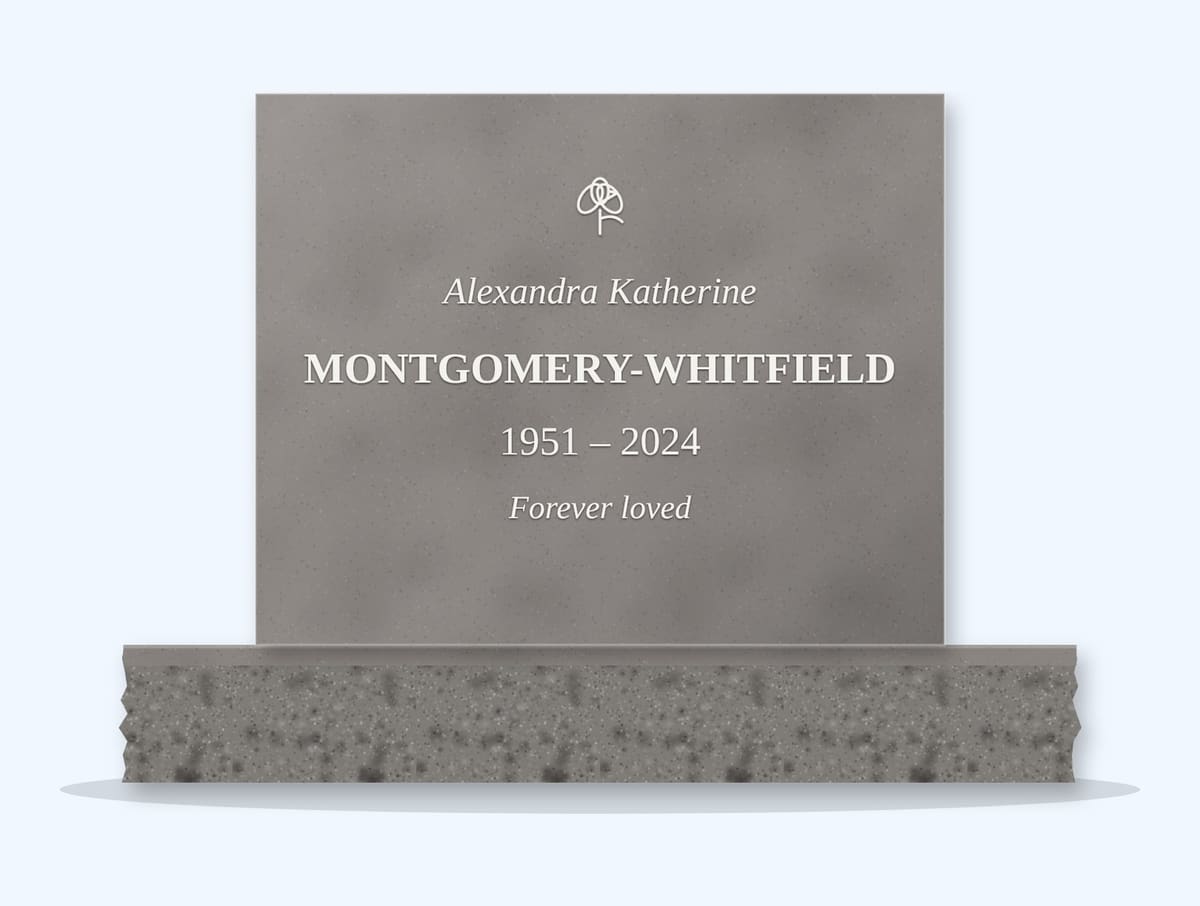 Indian Grey square headstone on a granite base, engraved for Alexandra Montgomery-Whitfield