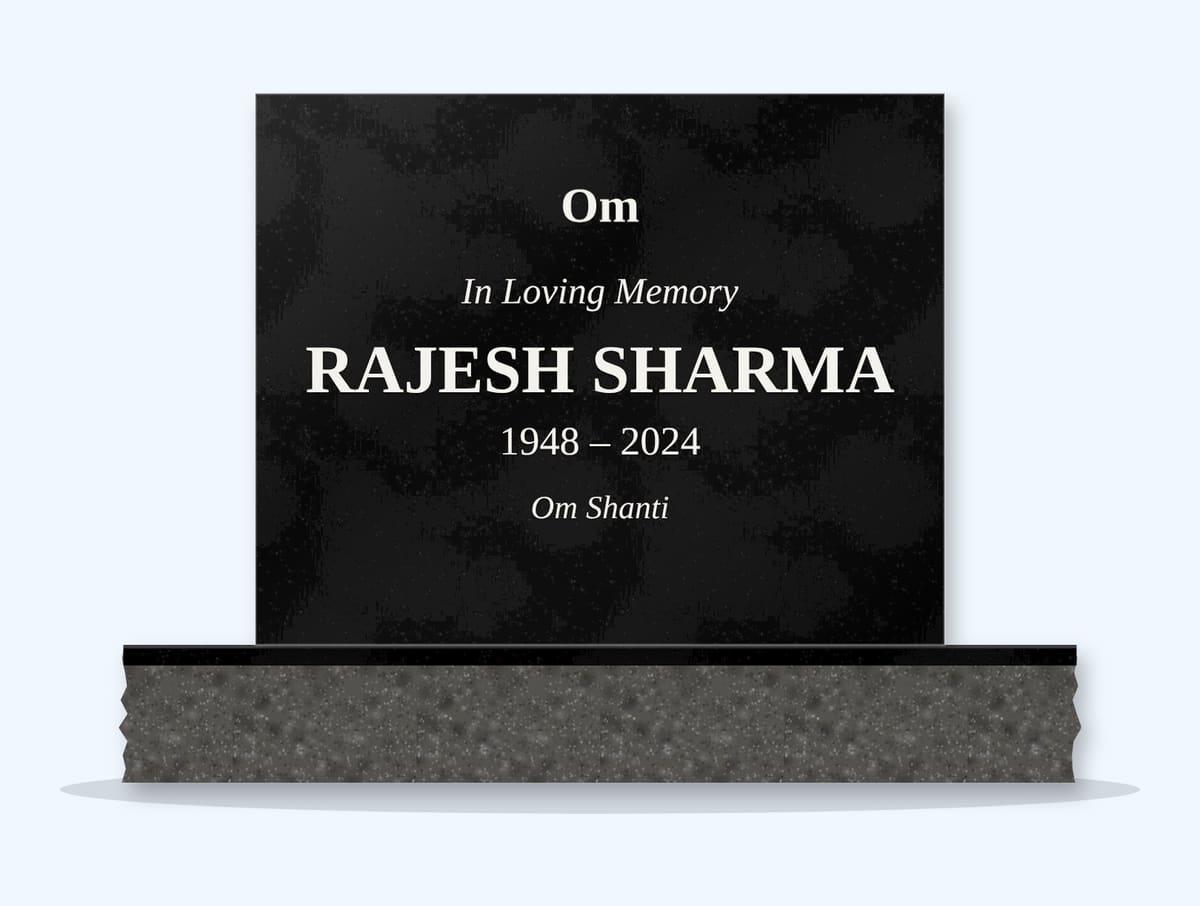 Absolute Black square headstone on a granite base, engraved for Rajesh Sharma