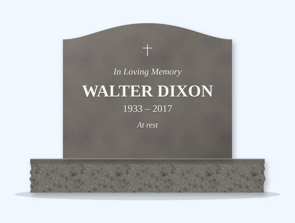 Steel Grey serpentine headstone on a granite base, engraved for Walter Dixon