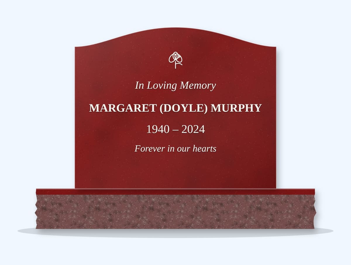 Indian Red serpentine headstone on a granite base, engraved for Margaret Murphy