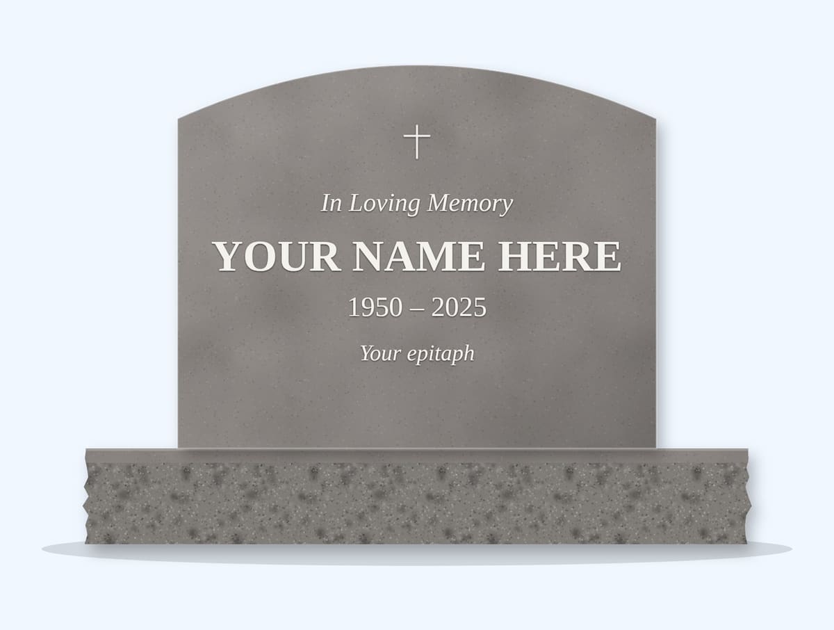 Indian Grey curved top headstone on a granite base, engraved for a sample display