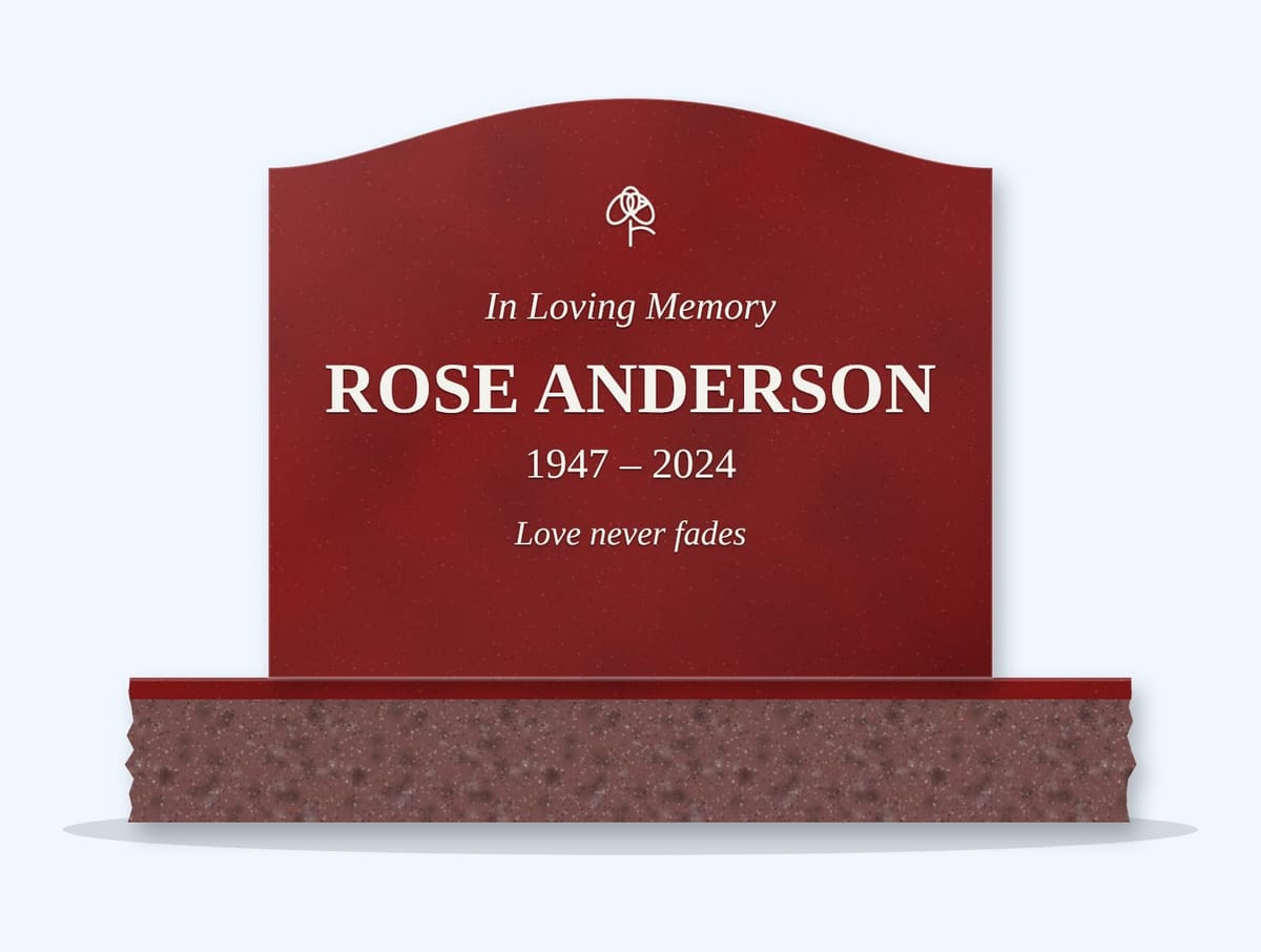 Indian Red serpentine headstone on a granite base, engraved for Rose Anderson