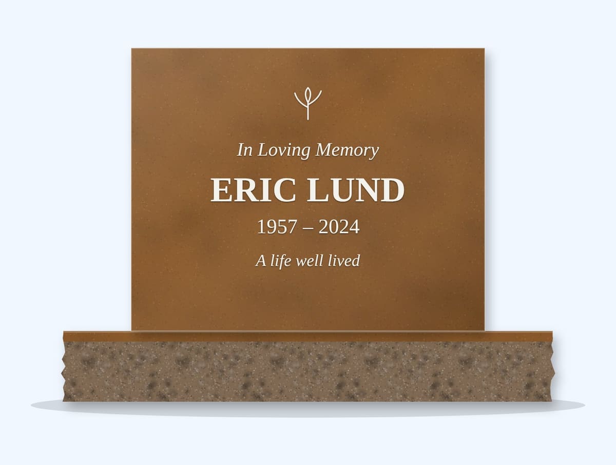 Tan Brown square headstone on a granite base, engraved for Eric Lund