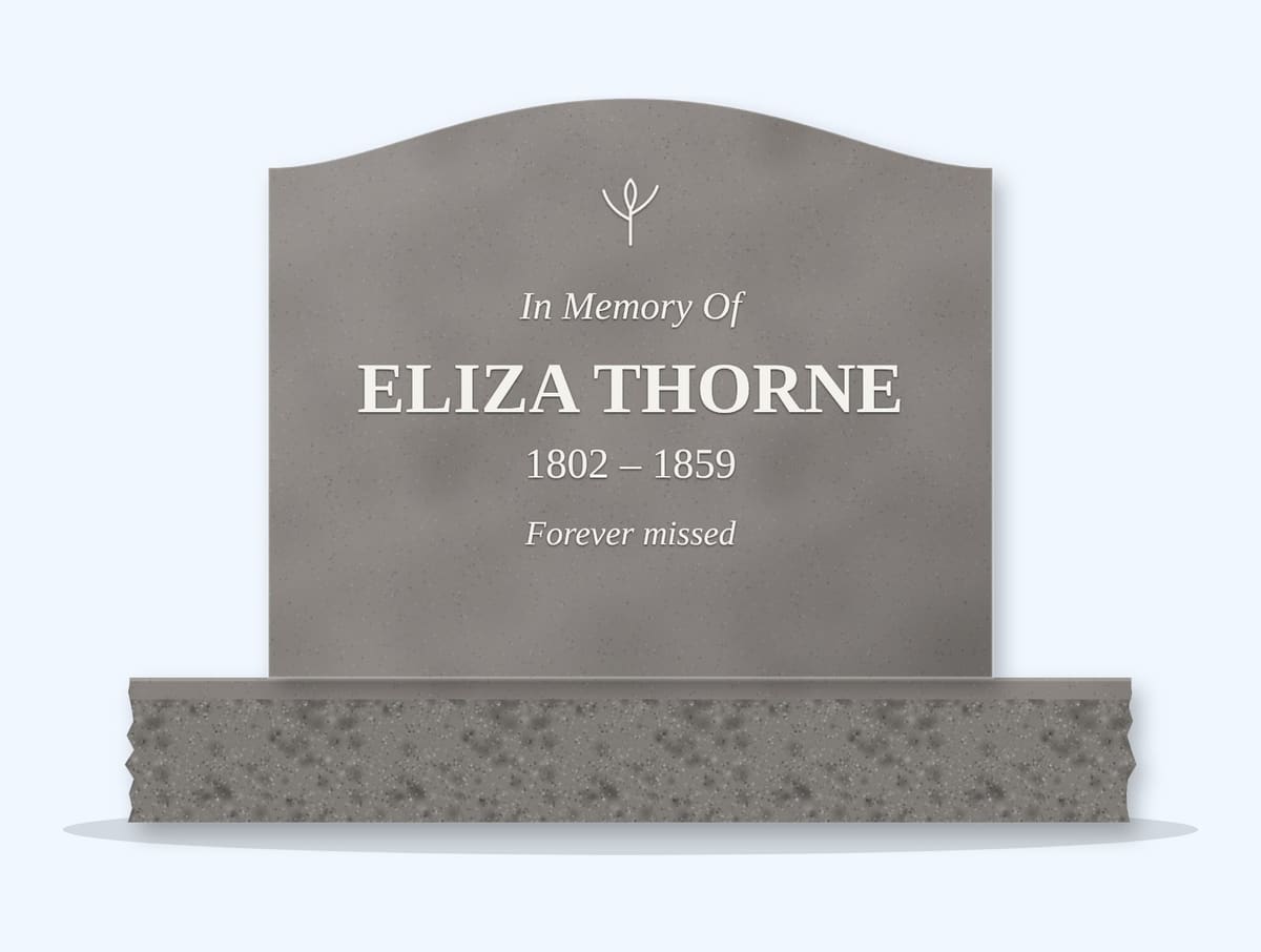 Indian Grey serpentine headstone on a granite base, engraved for Eliza Thorne