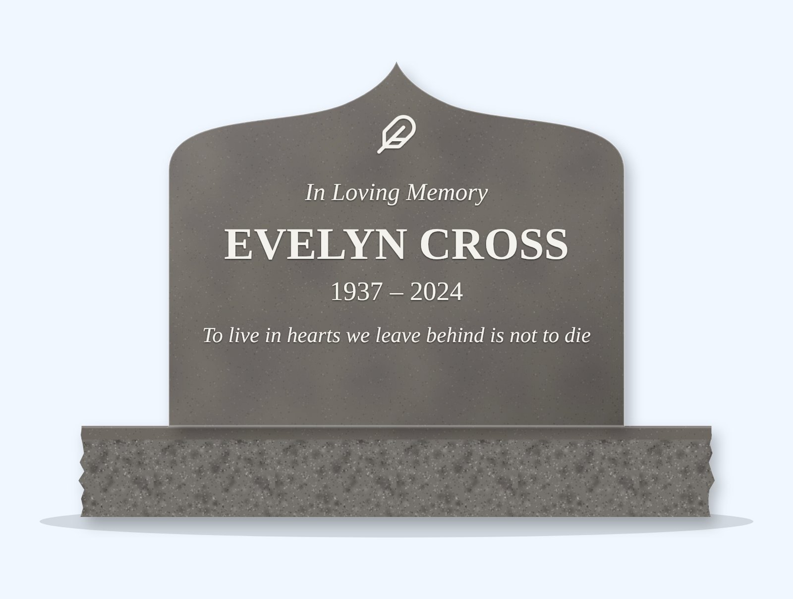 Steel Grey ogee arch headstone on a granite base, engraved for Evelyn Cross