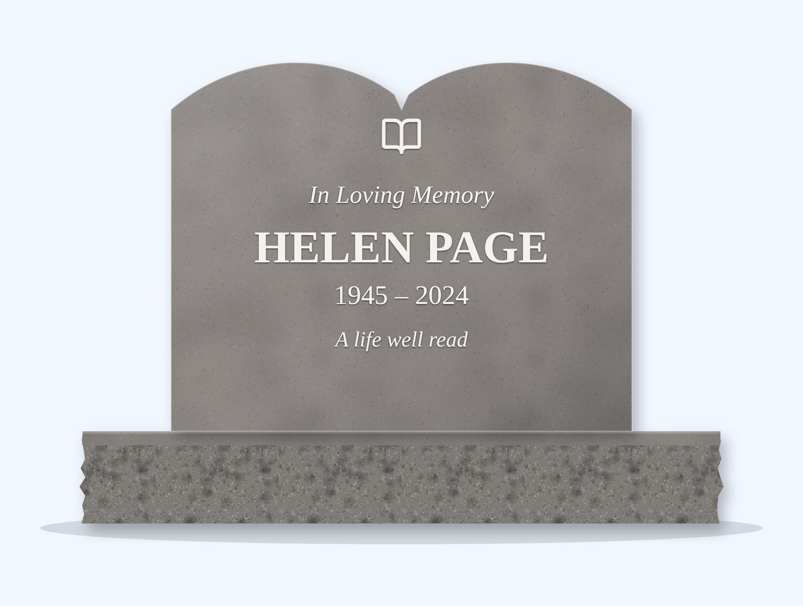 Indian Grey open book headstone on a granite base, engraved for Helen Page