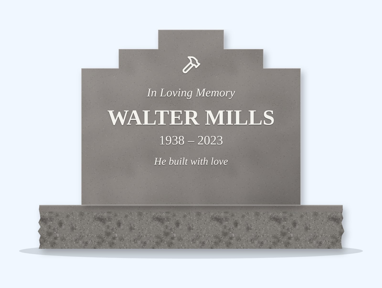Indian Grey stepped tablet headstone on a granite base, engraved for Walter Mills