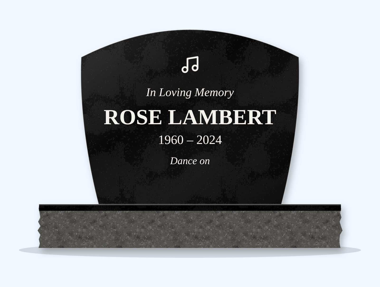 Absolute Black swoop headstone on a granite base, engraved for Rose Lambert