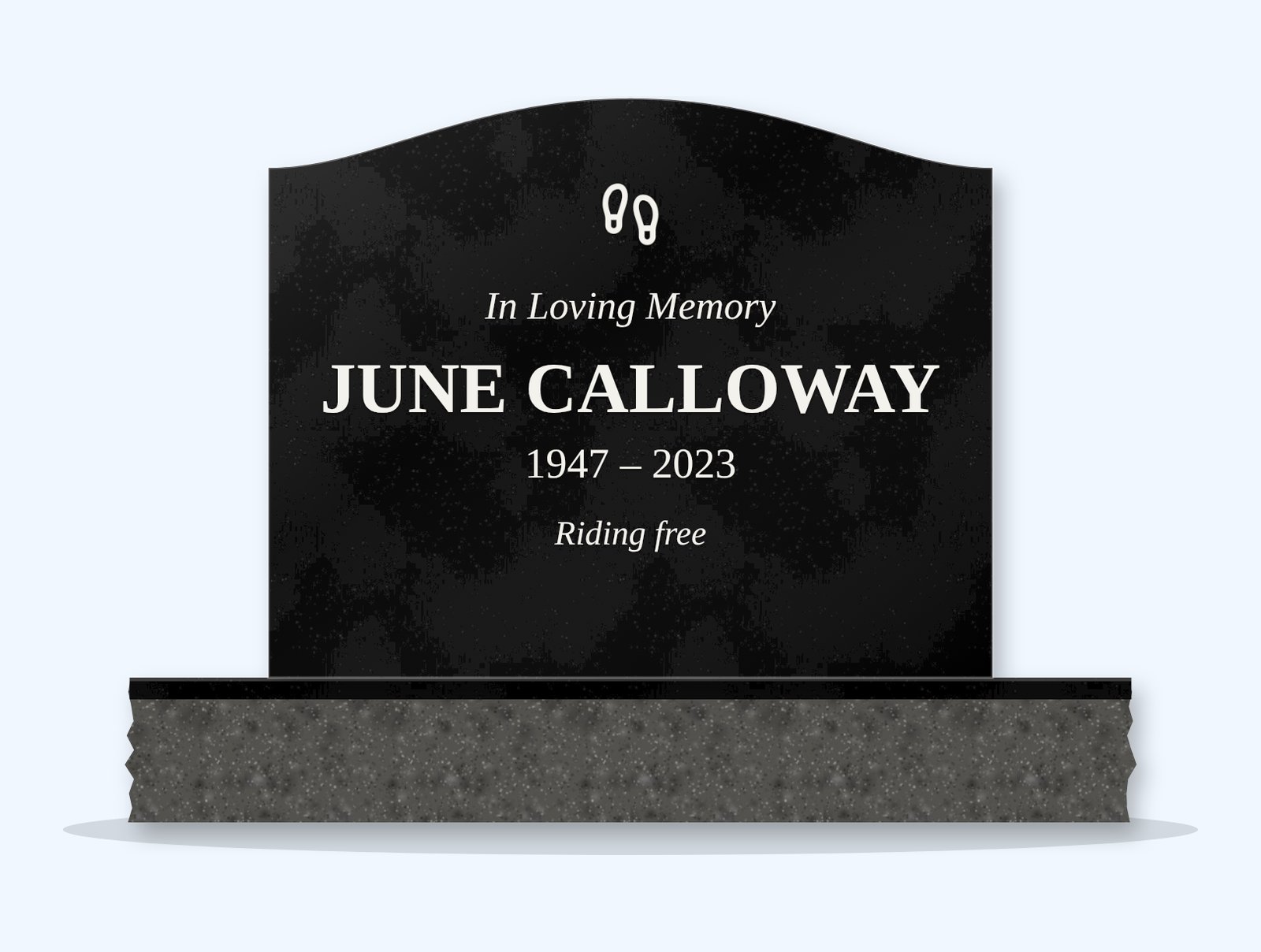 Absolute Black serpentine headstone on a granite base, engraved for June Calloway