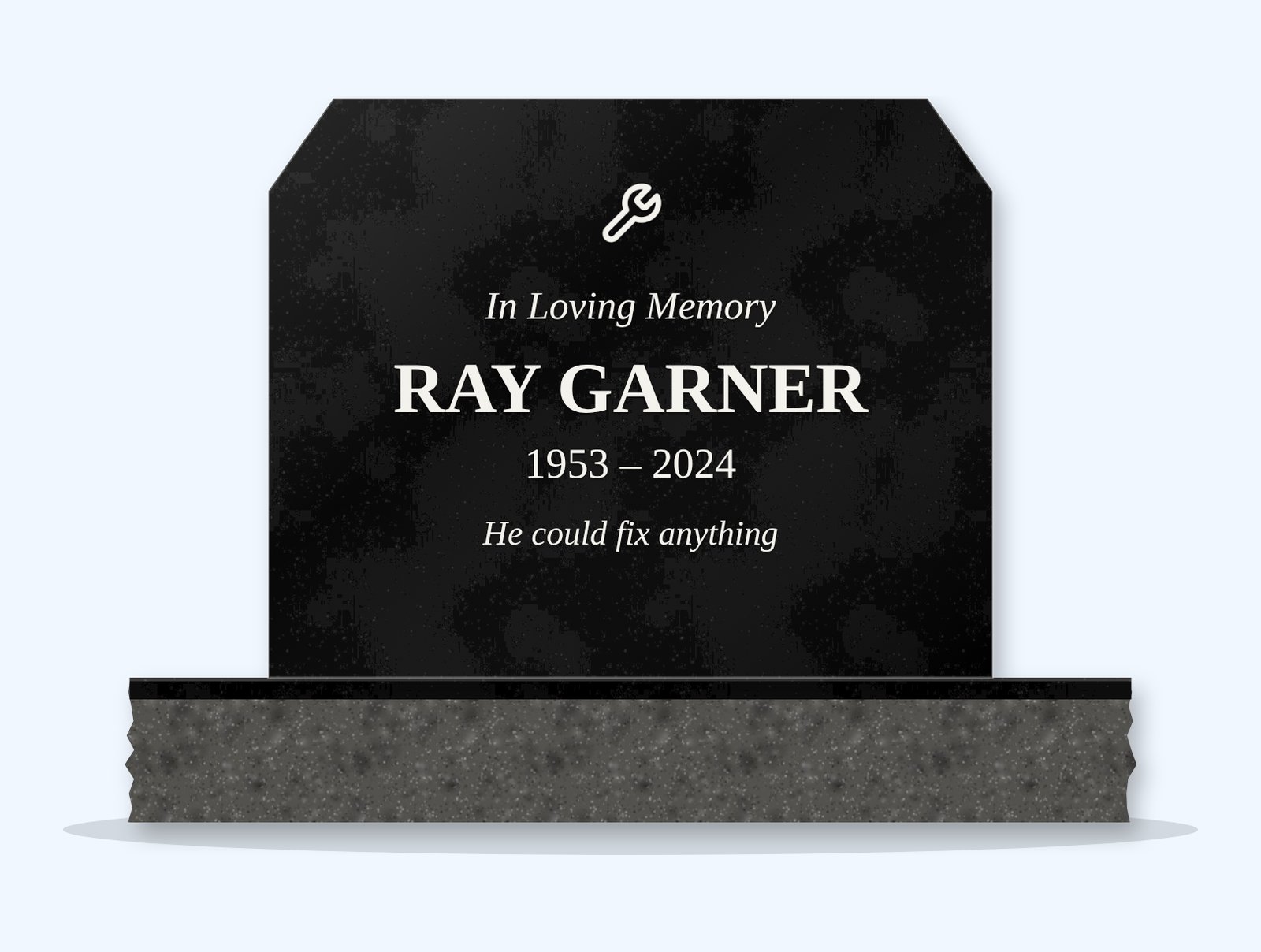 Absolute Black chamfered headstone on a granite base, engraved for Ray Garner