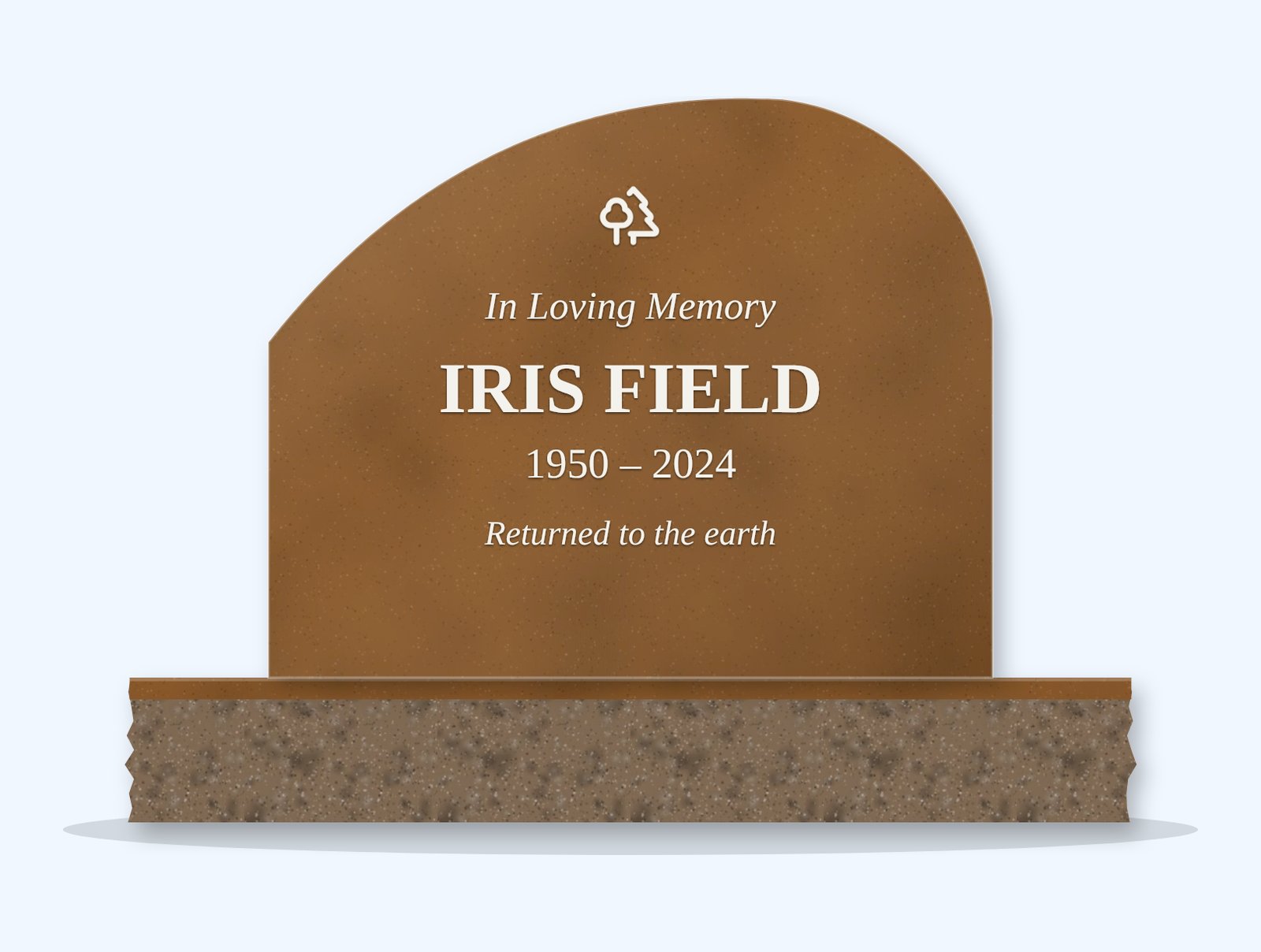 Tan Brown leaf headstone on a granite base, engraved for Iris Field