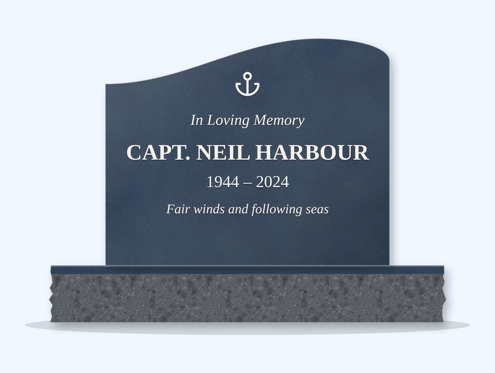 Bahamas Blue right wave headstone on a granite base, engraved for Neil Harbour