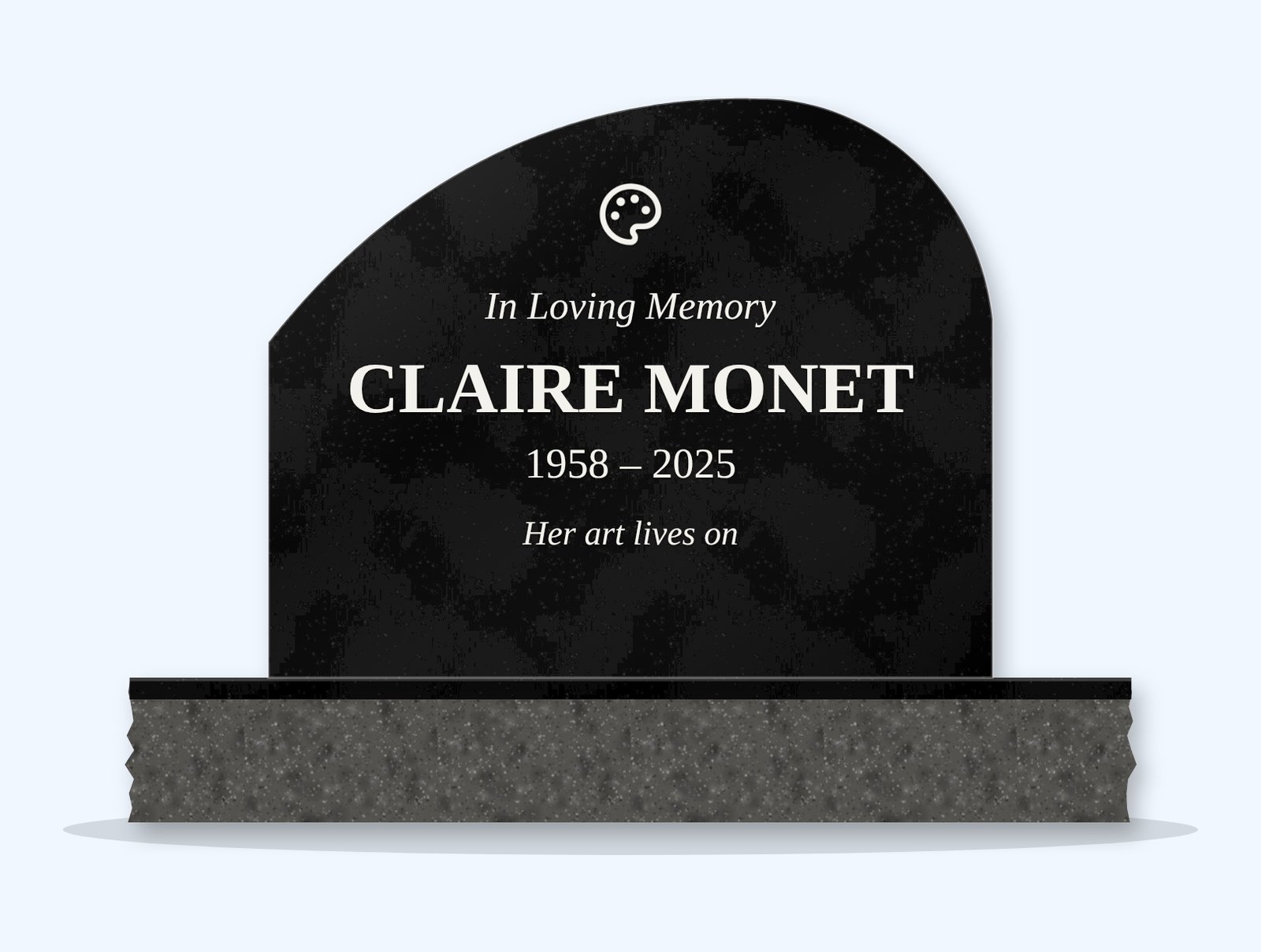 Absolute Black leaf headstone on a granite base, engraved for Claire Monet