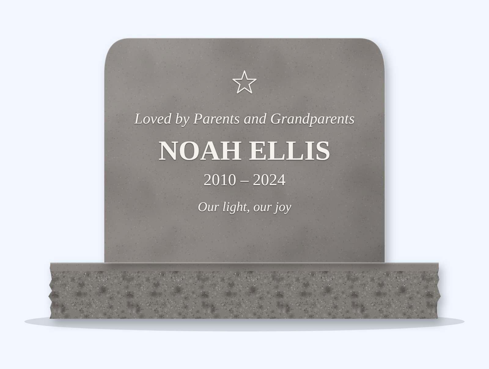Indian Grey rounded top headstone on a granite base, engraved for Noah Ellis
