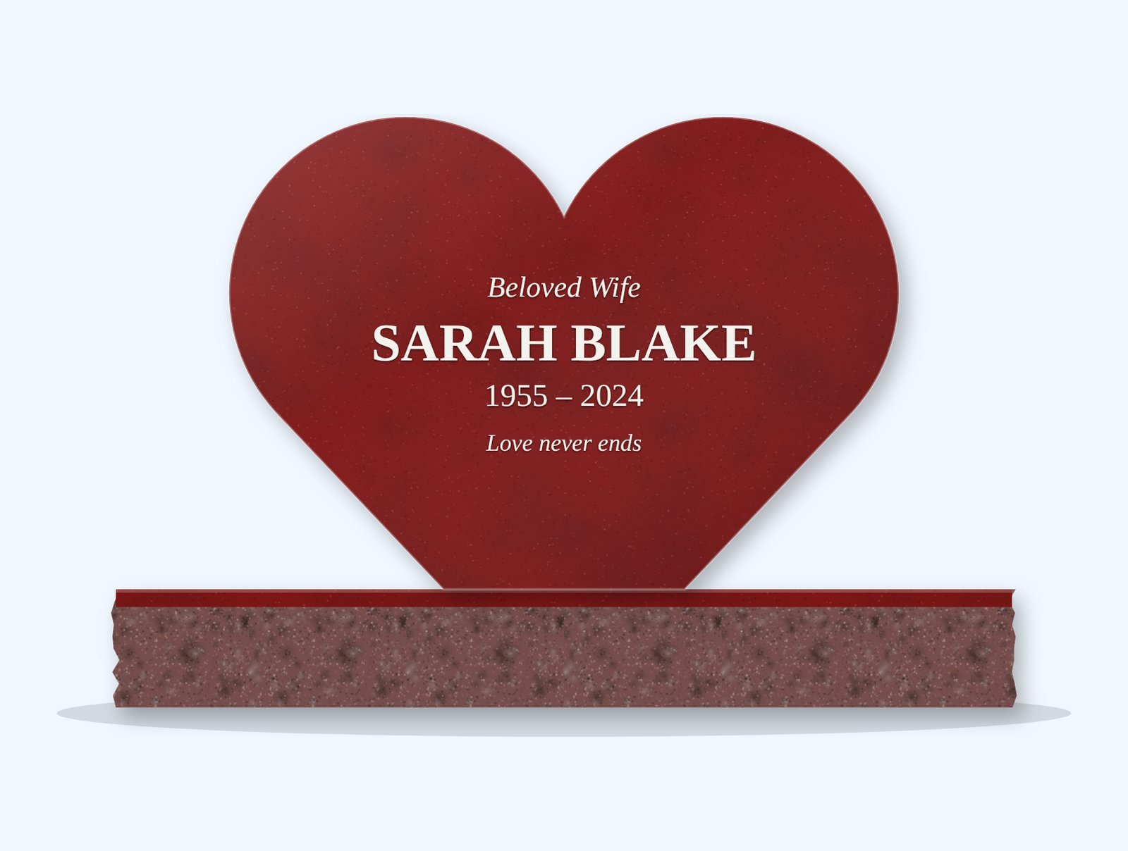 Indian Red heart headstone on a granite base, engraved for Sarah Blake