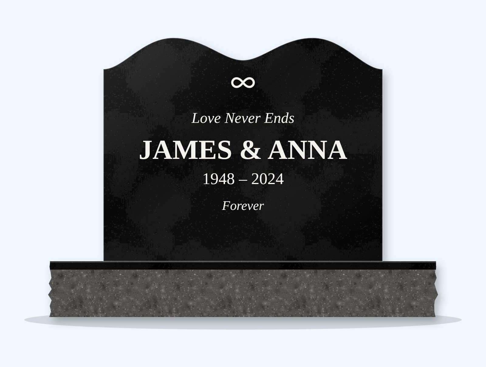 Absolute Black twin crown headstone on a granite base, engraved for James and Anna